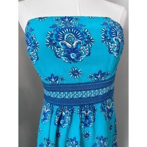 Vineyard Vines Strapless Maxi‎ Dress Blue Turquoise Floral Print Summer Casual